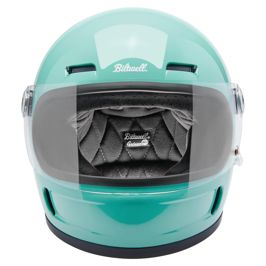 GLOSS MINT JULEP - GRINGO SV de Biltwell es un casco vintage con tomas de aire en frente y menton ademas posee visor incorporado y certificacion europea ECE 22.06