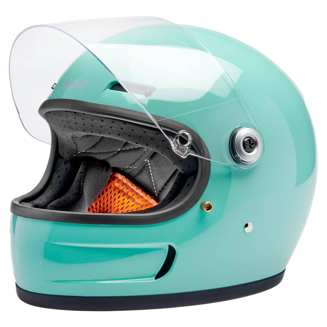 GLOSS MINT JULEP - GRINGO SV de Biltwell es un casco vintage con tomas de aire en frente y menton ademas posee visor incorporado y certificacion europea ECE 22.06