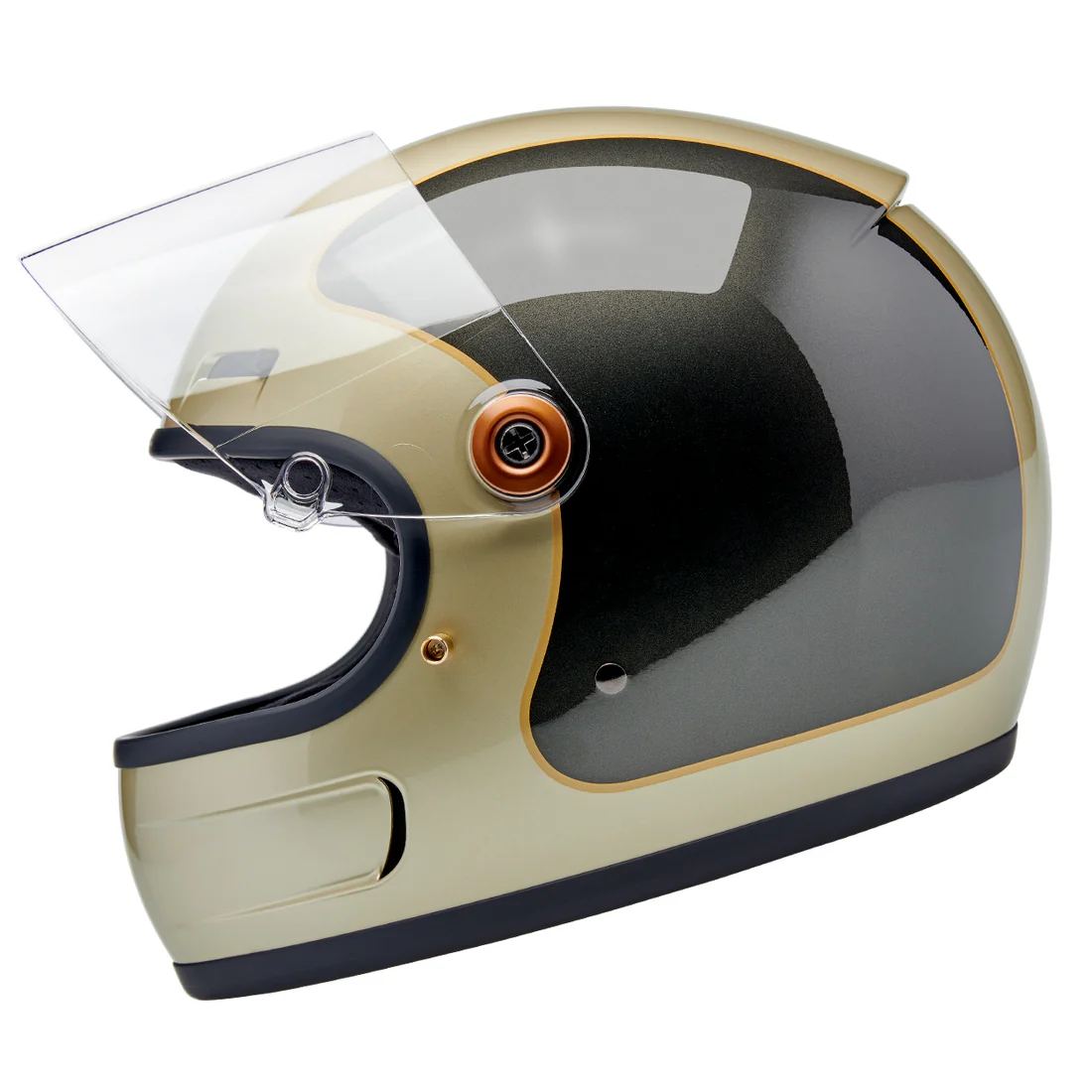 METALLIC CHAMPAGNE / CHARCOAL TRACKER - GRINGO SV de Biltwell es un casco vintage con tomas de aire en frente y menton ademas posee visor incorporado y certificacion europea ECE 22.06
