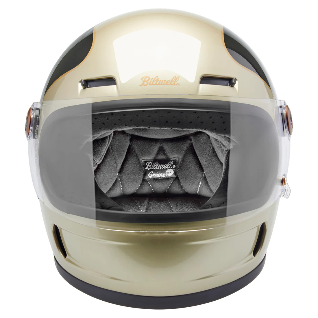 METALLIC CHAMPAGNE / CHARCOAL TRACKER - GRINGO SV de Biltwell es un casco vintage con tomas de aire en frente y menton ademas posee visor incorporado y certificacion europea ECE 22.06