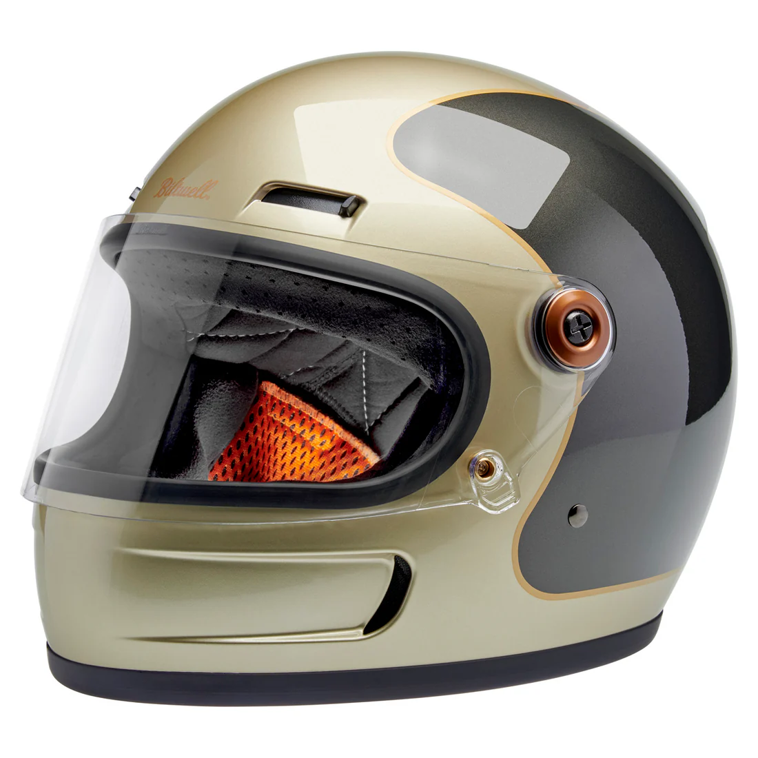 METALLIC CHAMPAGNE / CHARCOAL TRACKER - GRINGO SV de Biltwell es un casco vintage con tomas de aire en frente y menton ademas posee visor incorporado y certificacion europea ECE 22.06