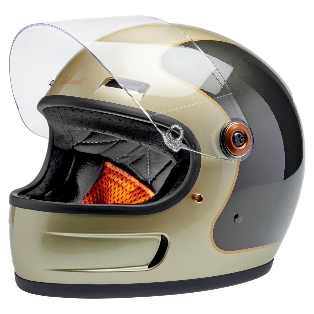 METALLIC CHAMPAGNE / CHARCOAL TRACKER - GRINGO SV de Biltwell es un casco vintage con tomas de aire en frente y menton ademas posee visor incorporado y certificacion europea ECE 22.06