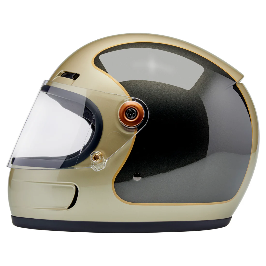 METALLIC CHAMPAGNE / CHARCOAL TRACKER - GRINGO SV de Biltwell es un casco vintage con tomas de aire en frente y menton ademas posee visor incorporado y certificacion europea ECE 22.06
