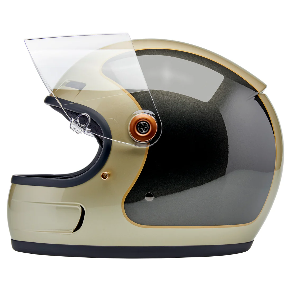 METALLIC CHAMPAGNE / CHARCOAL TRACKER - GRINGO SV de Biltwell es un casco vintage con tomas de aire en frente y menton ademas posee visor incorporado y certificacion europea ECE 22.06
