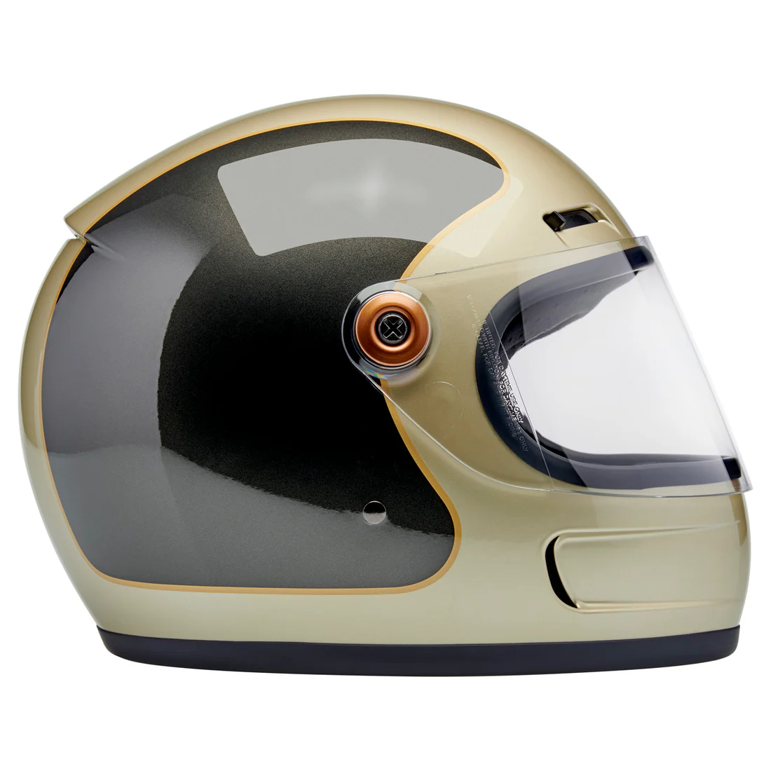 METALLIC CHAMPAGNE / CHARCOAL TRACKER - GRINGO SV de Biltwell es un casco vintage con tomas de aire en frente y menton ademas posee visor incorporado y certificacion europea ECE 22.06