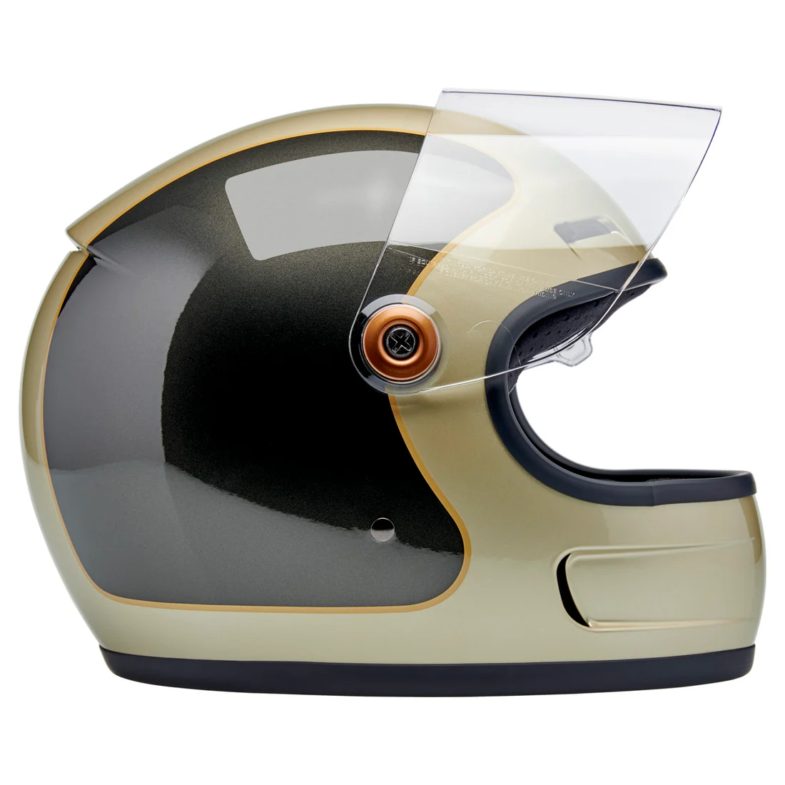 METALLIC CHAMPAGNE / CHARCOAL TRACKER - GRINGO SV de Biltwell es un casco vintage con tomas de aire en frente y menton ademas posee visor incorporado y certificacion europea ECE 22.06