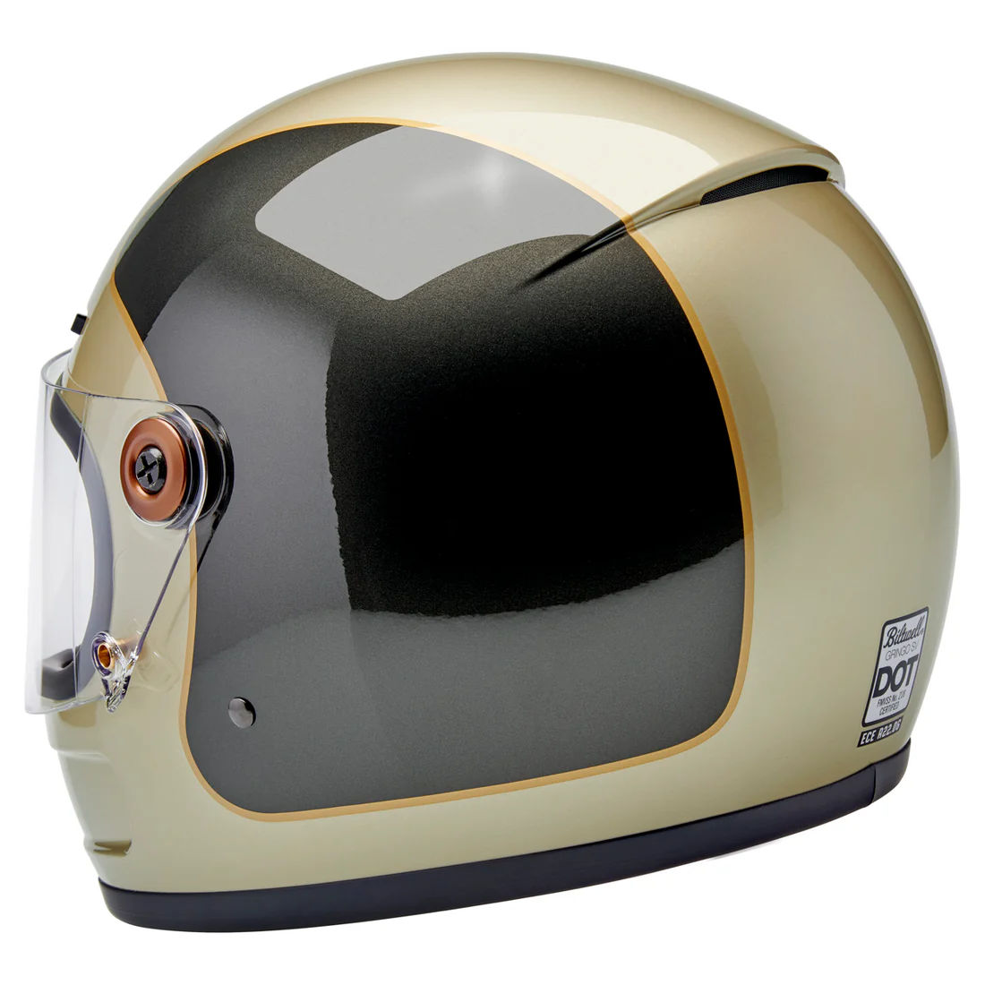 METALLIC CHAMPAGNE / CHARCOAL TRACKER - GRINGO SV de Biltwell es un casco vintage con tomas de aire en frente y menton ademas posee visor incorporado y certificacion europea ECE 22.06