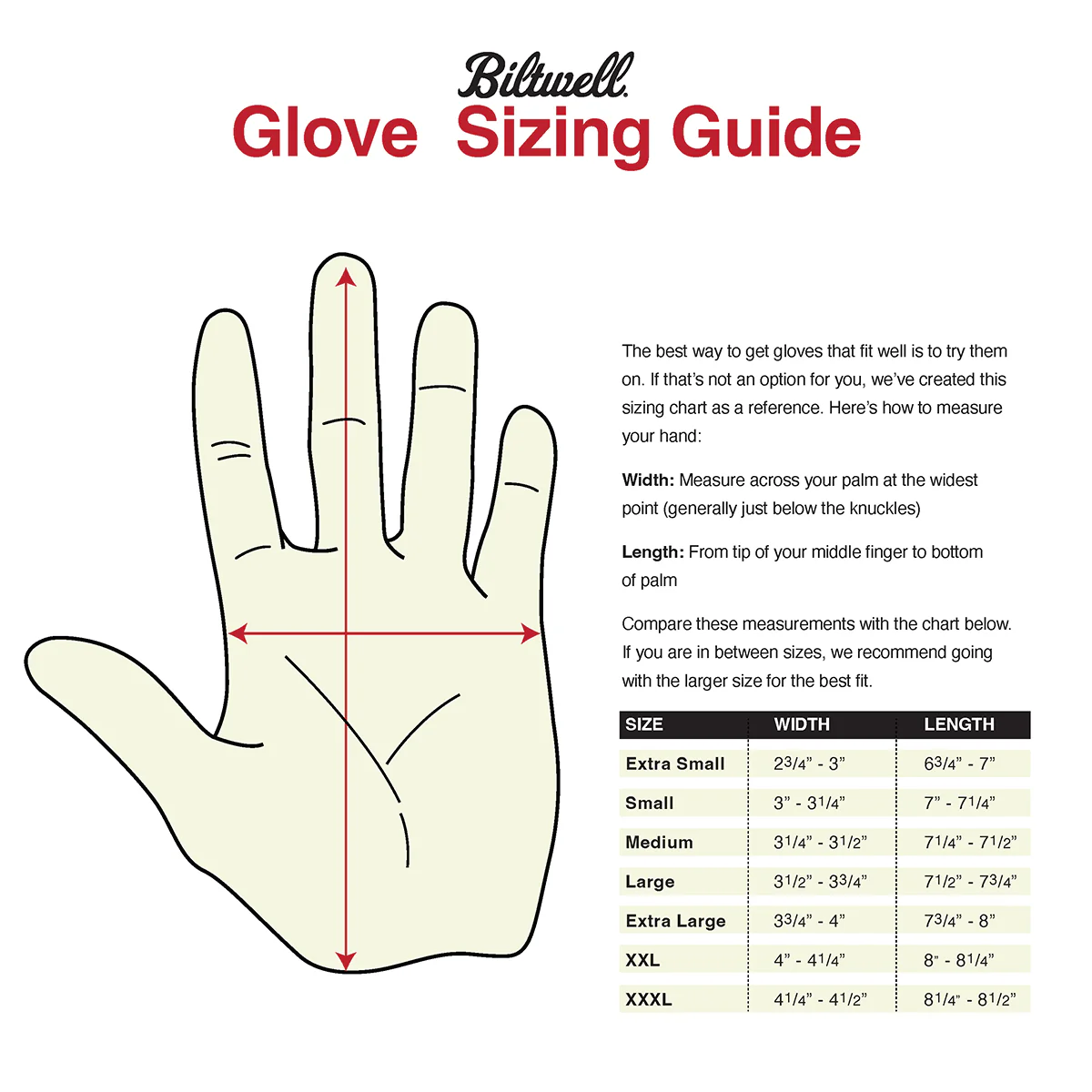 Table de tallas de Guantes Ridgecrest de Biltwell